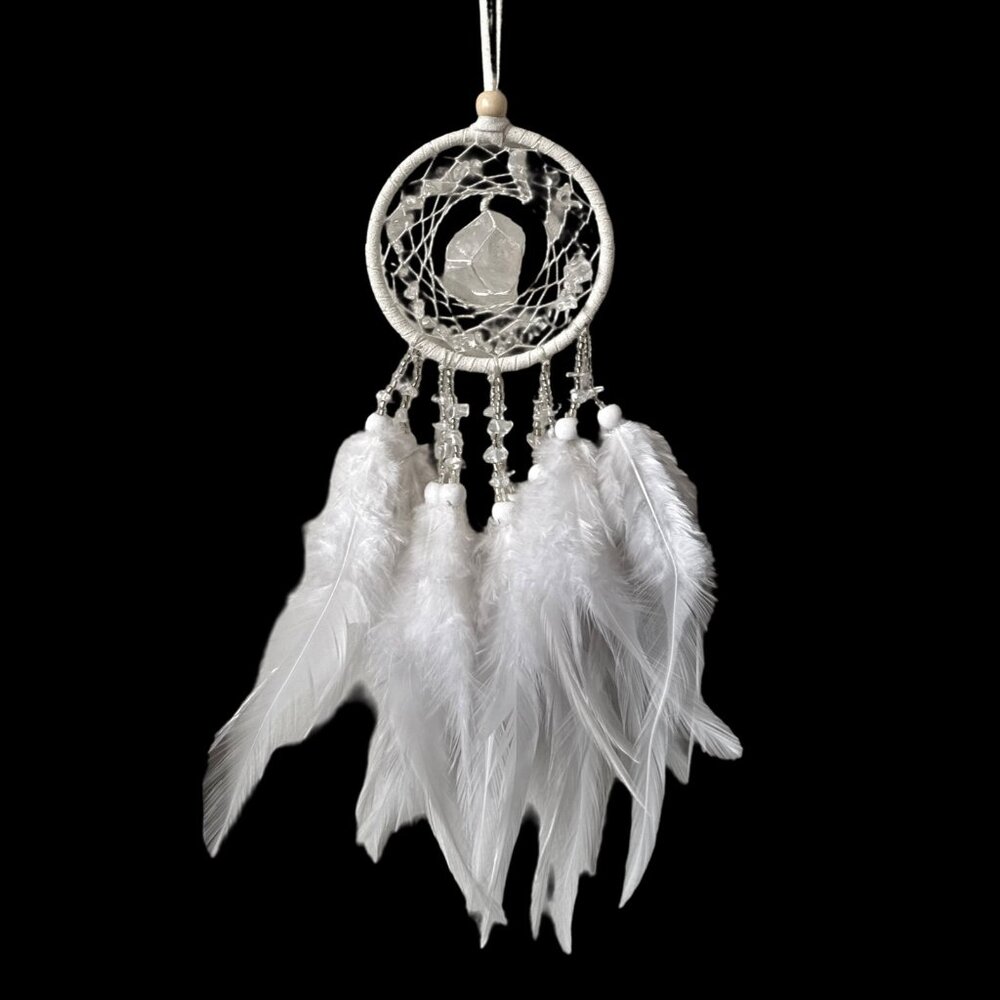 Clear Quartz Dream Catcher natural stone feathers hanging beaded leather NEW